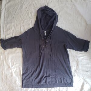 Green Tea Women's Dark Gray  Hooded Thin Lace Up Sweatshirt ¾ Sleeves L